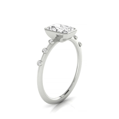 18kw Bezel Set Radiant Engagement Ring With 6 Bezel Set Round Diamonds On Shank
