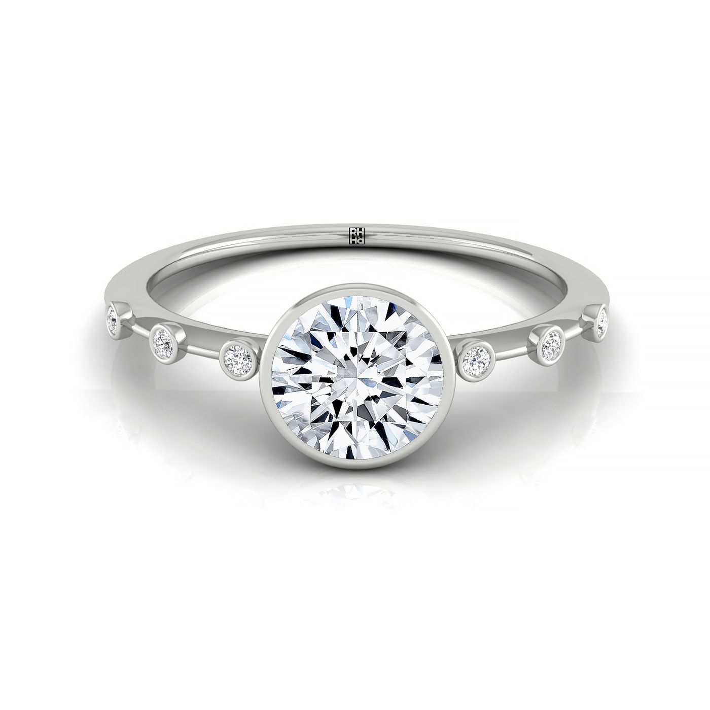 18kw Bezel Set Round Engagement Ring With 6 Bezel Set Round Diamonds On Shank
