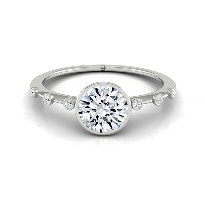 Round Brilliant, Bezel Accent Solitaire Round, in 18K White Gold – front view | RockHer