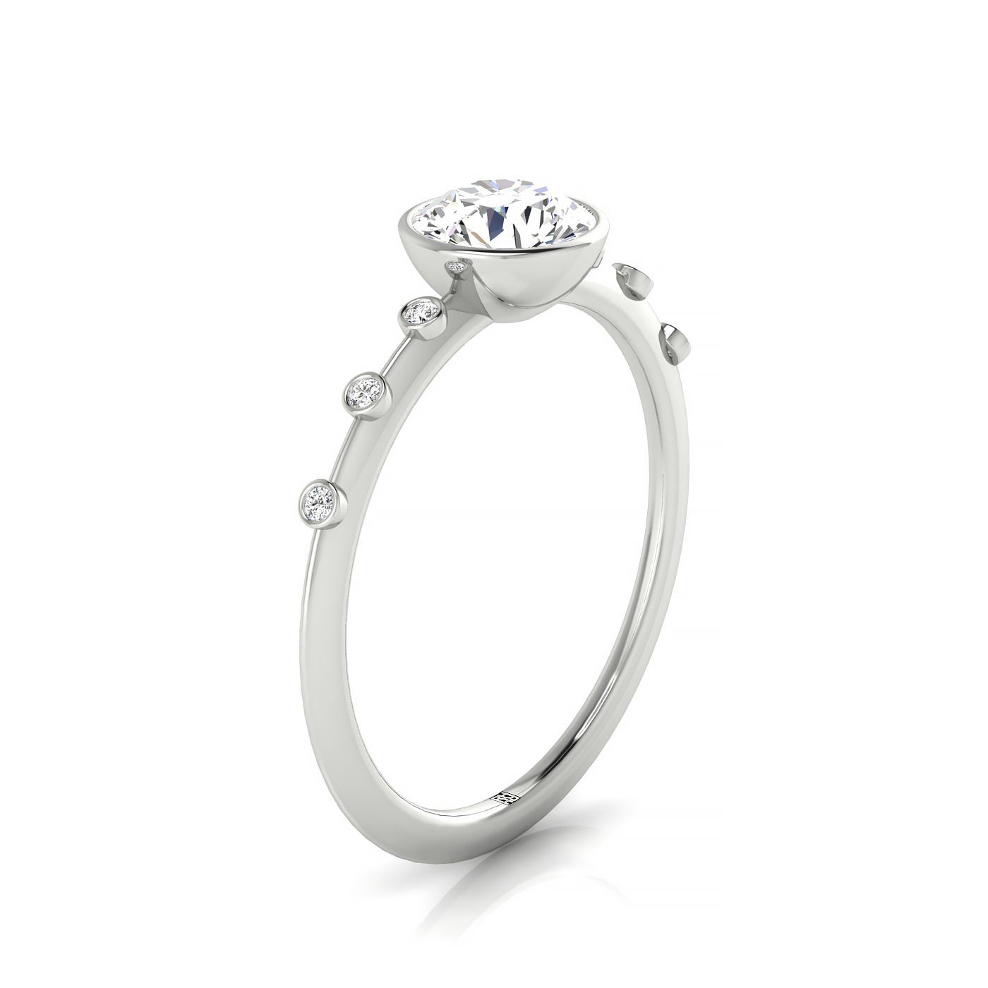 18kw Bezel Set Round Engagement Ring With 6 Bezel Set Round Diamonds On Shank