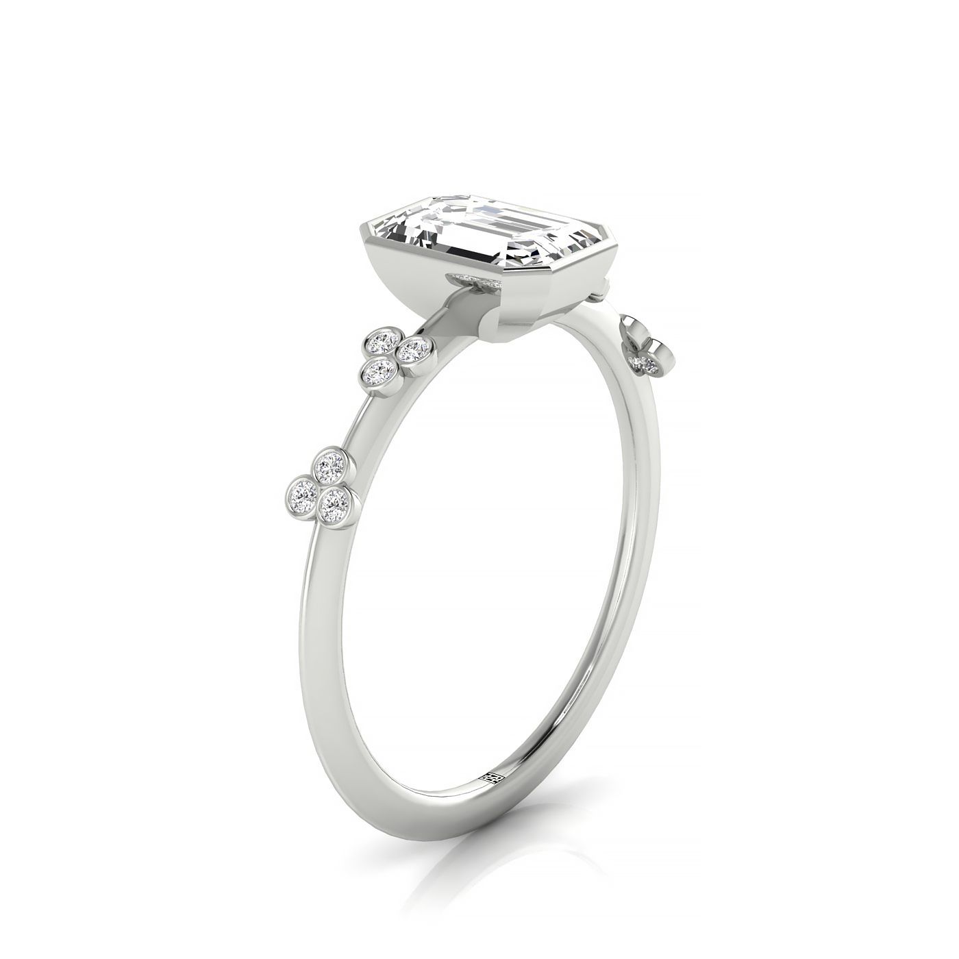 14kw Bezel Set Emerald Engagement Ring With 12 Clover Bezel Set Round Diamonds On Shank
