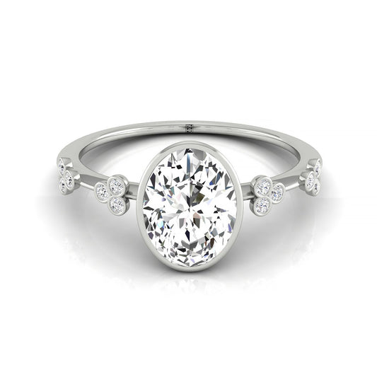 Plat Bezel Set Oval Engagement Ring With 12 Clover Bezel Set Round Diamonds On Shank