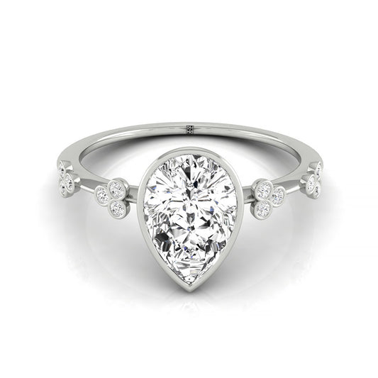 18kw Bezel Set Pear Engagement Ring With 12 Clover Bezel Set Round Diamonds On Shank