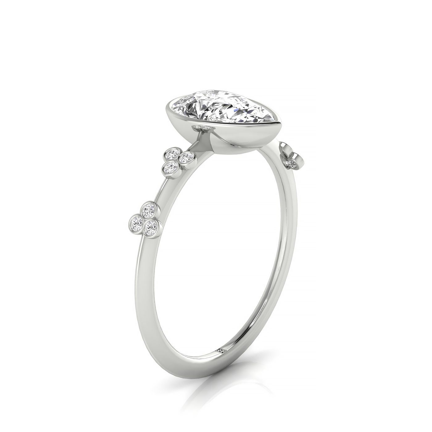 18kw Bezel Set Pear Engagement Ring With 12 Clover Bezel Set Round Diamonds On Shank