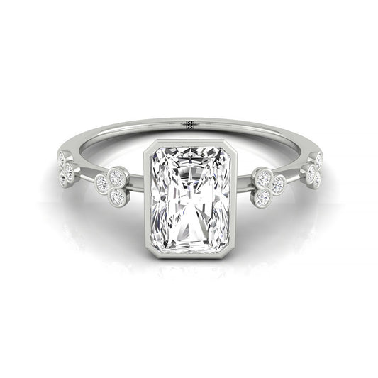 18kw Bezel Set Radiant Engagement Ring With 12 Clover Bezel Set Round Diamonds On Shank