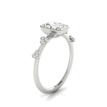 18kw Bezel Set Radiant Engagement Ring With 12 Clover Bezel Set Round Diamonds On Shank