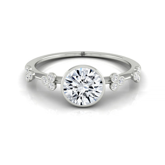 18kw Bezel Set Round Engagement Ring With 12 Clover Bezel Set Round Diamonds On Shank