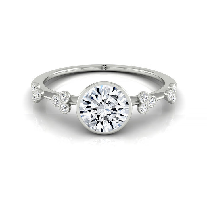 Round Brilliant, Clover Bezel Accent Solitaire Round, in 18K White Gold – front view | RockHer