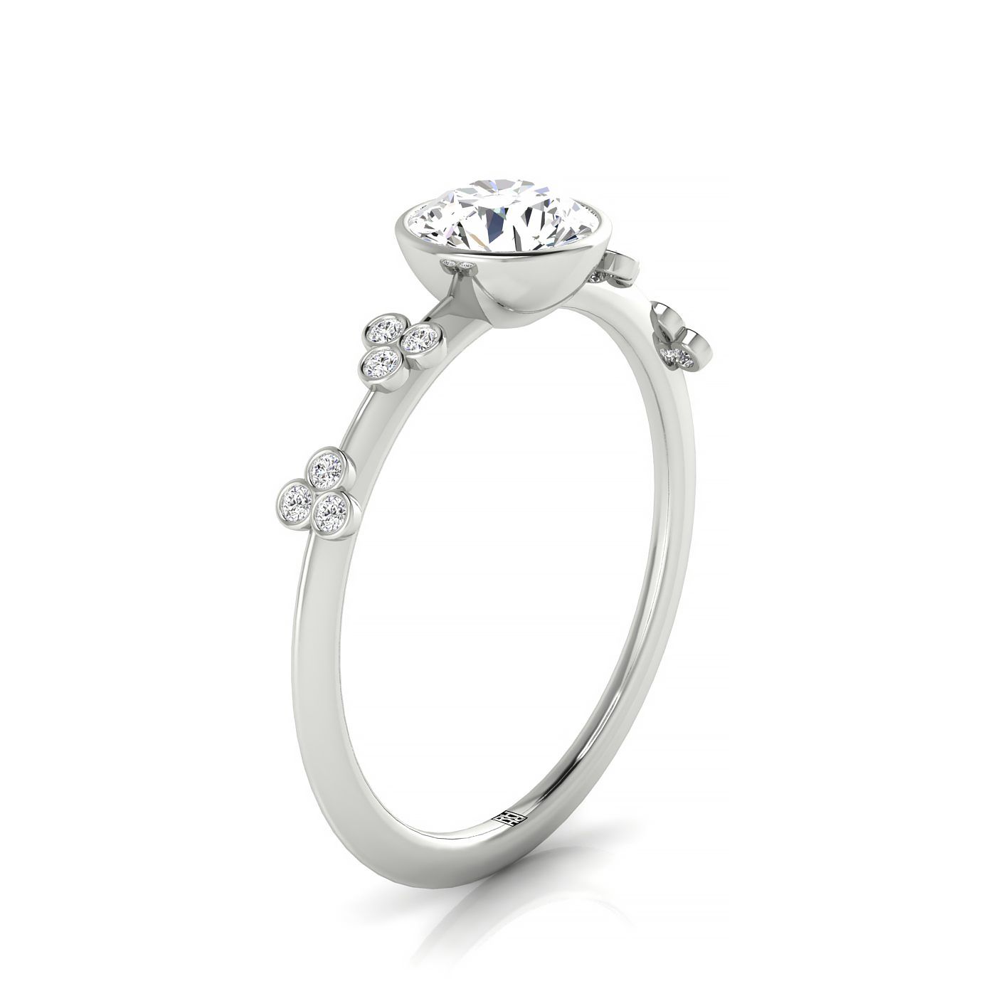 14kw Bezel Set Round Engagement Ring With 12 Clover Bezel Set Round Diamonds On Shank