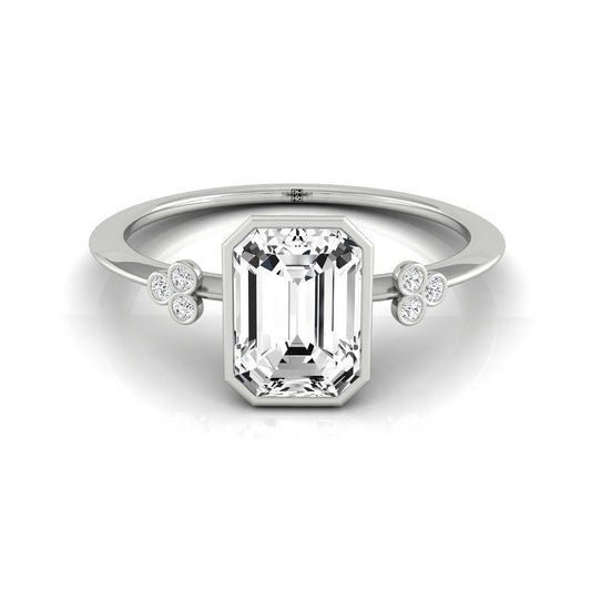 Plat Bezel Set Emerald Engagement Ring With 6 Clover Bezel Set Round Diamonds On Shank