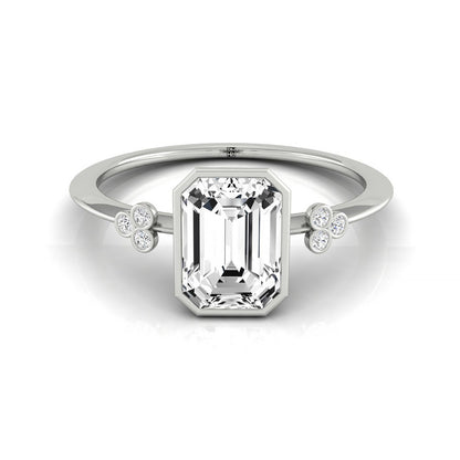 Emerald Cut, Clover Bezel Accent Solitaire Emerald, in 18K White Gold – front view | RockHer