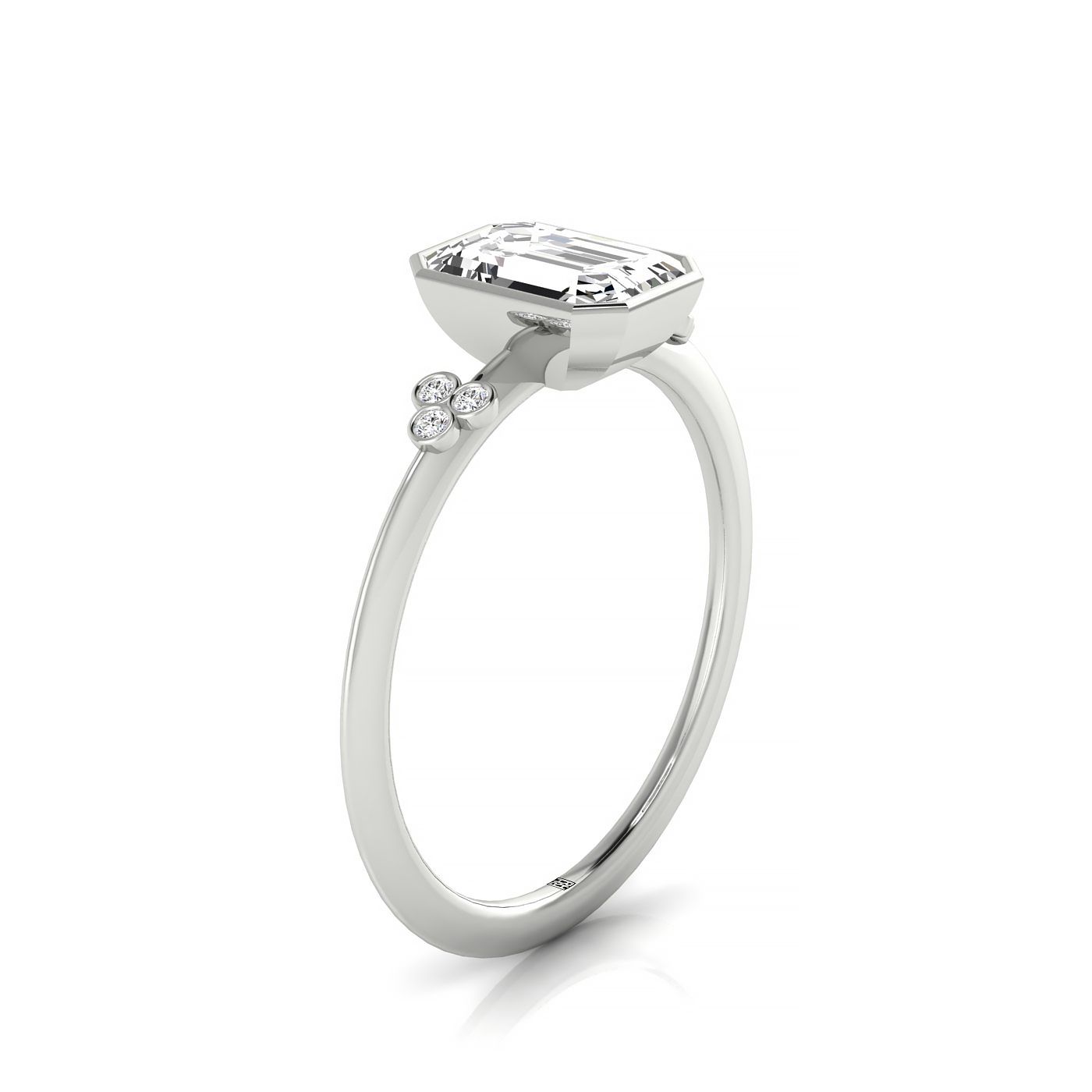 18kw Bezel Set Emerald Engagement Ring With 6 Clover Bezel Set Round Diamonds On Shank
