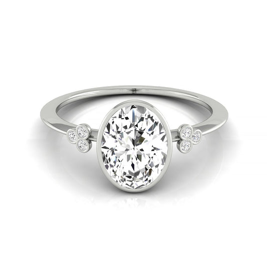 Plat Bezel Set Oval Engagement Ring With 6 Clover Bezel Set Round Diamonds On Shank