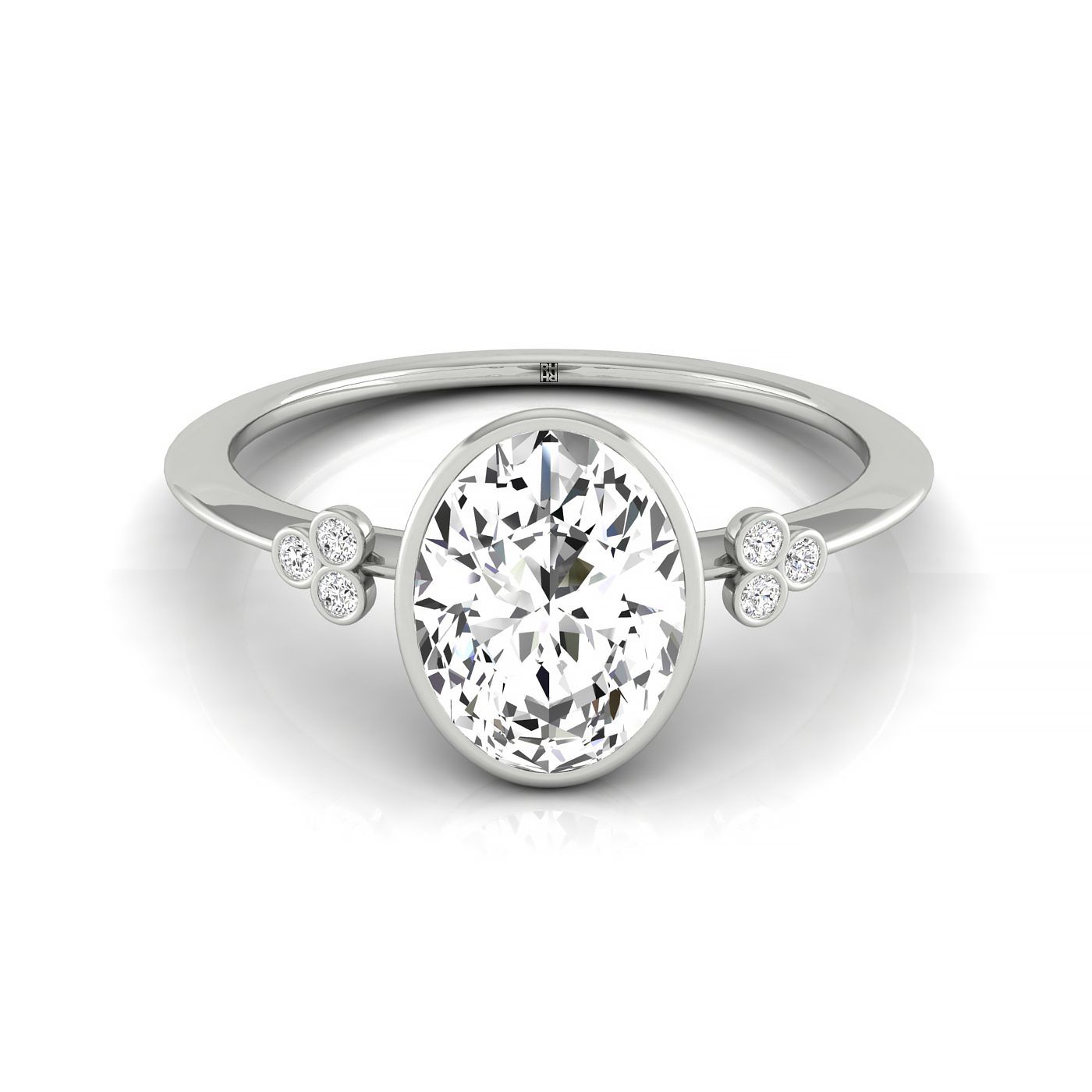 14kw Bezel Set Oval Engagement Ring With 6 Clover Bezel Set Round Diamonds On Shank