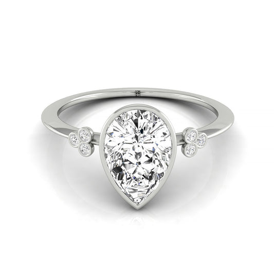 Plat Bezel Set Pear Engagement Ring With 6 Clover Bezel Set Round Diamonds On Shank