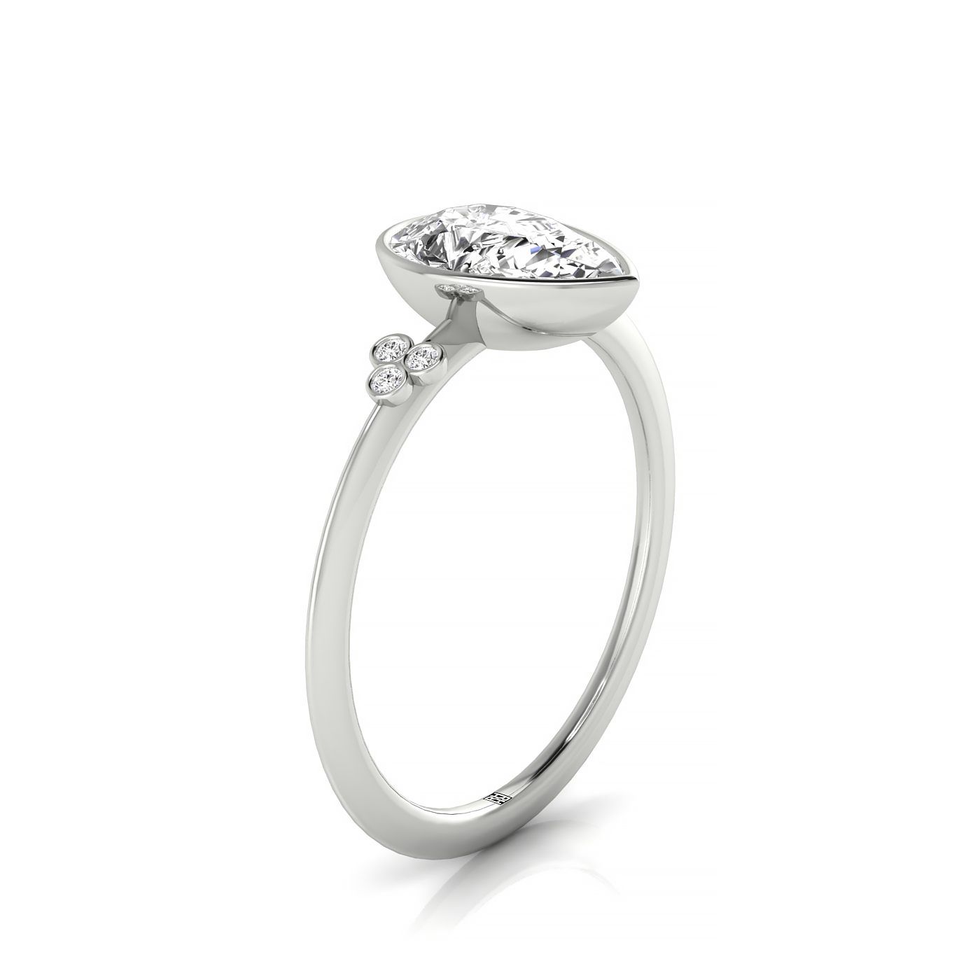18kw Bezel Set Pear Engagement Ring With 6 Clover Bezel Set Round Diamonds On Shank
