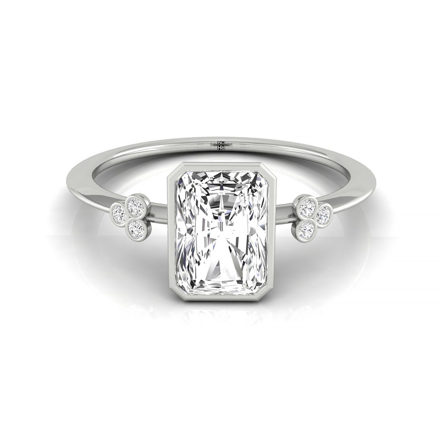 Plat Bezel Set Radiant Engagement Ring With 6 Clover Bezel Set Round Diamonds On Shank