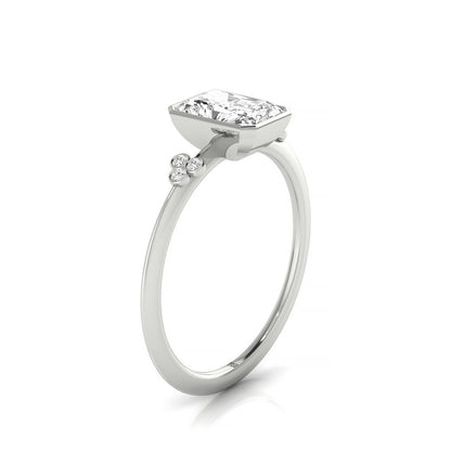 18kw Bezel Set Radiant Engagement Ring With 6 Clover Bezel Set Round Diamonds On Shank