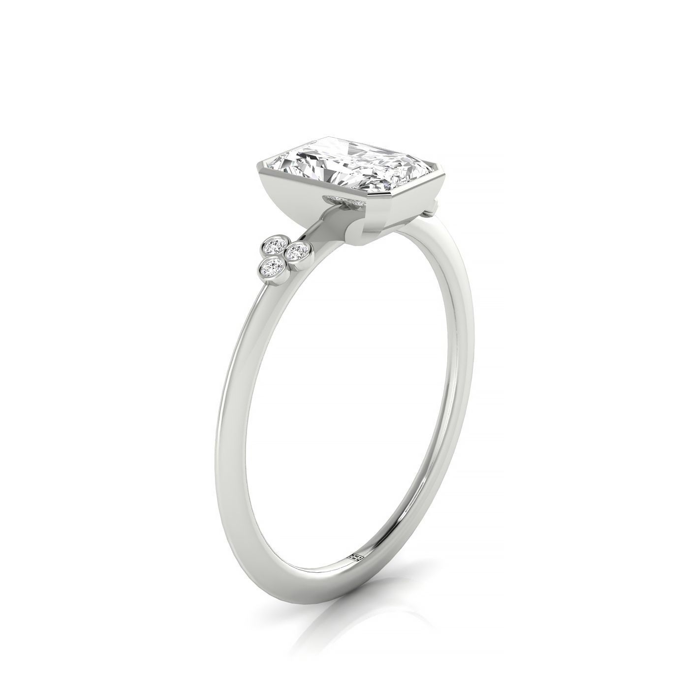 Plat Bezel Set Radiant Engagement Ring With 6 Clover Bezel Set Round Diamonds On Shank