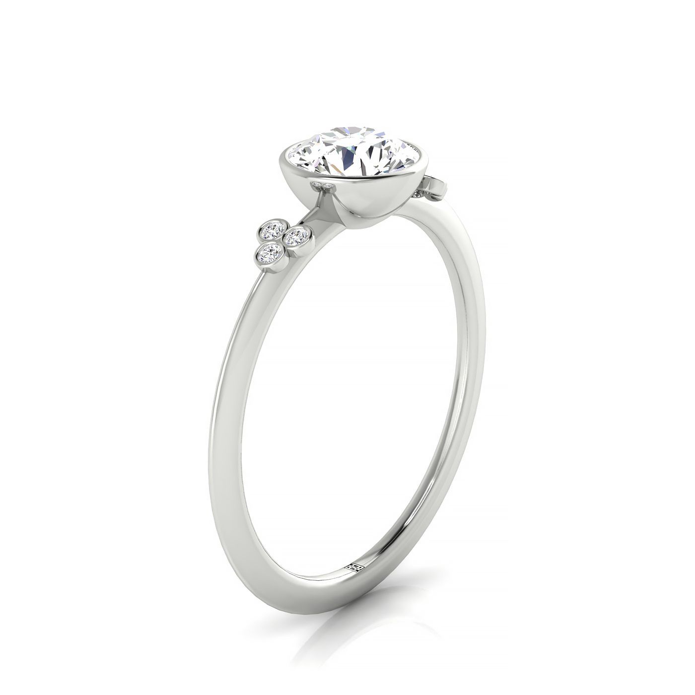 Plat Bezel Set Round Engagement Ring With 6 Clover Bezel Set Round Diamonds On Shank