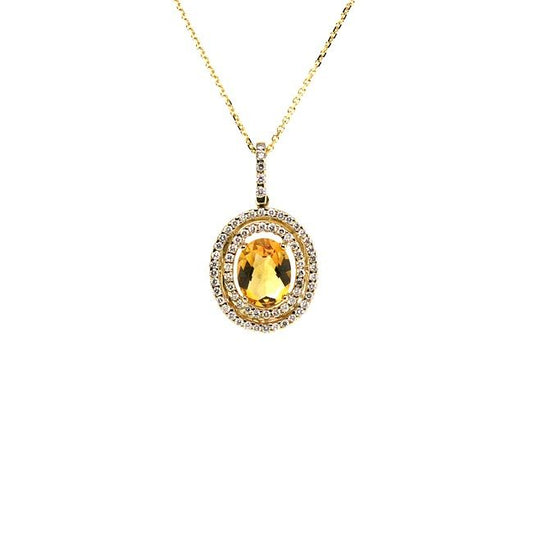 Citrine And Diamond Double Entourage Oval Pendant In 14k White Gold (9x7mm Center, Si)