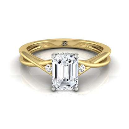 Emerald Cut, Twisted Shank Hidden Halo Solitaire Emerald, in 18K Yellow Gold – front view | RockHer