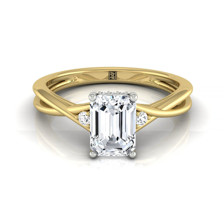 Emerald Cut, Twisted Shank Hidden Halo Solitaire Emerald, in 18K Yellow Gold – front view | RockHer