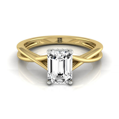 Emerald Cut, Twisted Shank Hidden Halo Solitaire Emerald, in 18K Yellow Gold – front view | RockHer