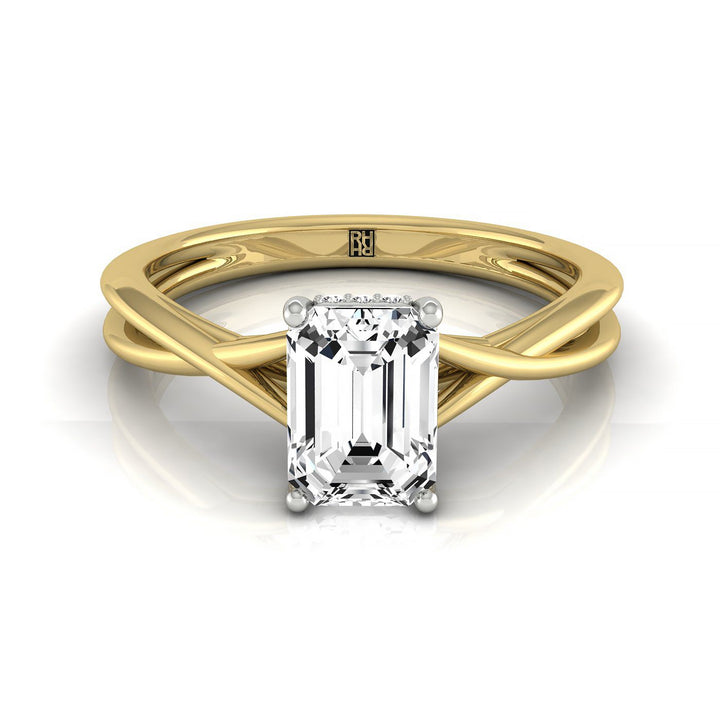 Emerald Cut, Twisted Shank Hidden Halo Solitaire Emerald, in 18K Yellow Gold – front view | RockHer