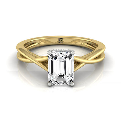 Emerald Cut, Double Hidden Halo Solitaire EM, in 18K Yellow Gold – front view | RockHer