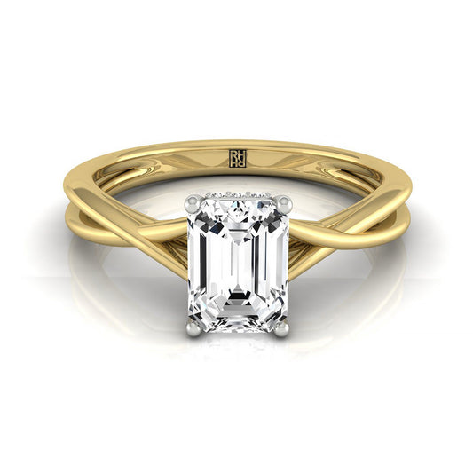 18ky Emerald Twisted Shank Double Hidden Halo Solitaire Engagement Ring With 30 Prong Set Round Diamonds