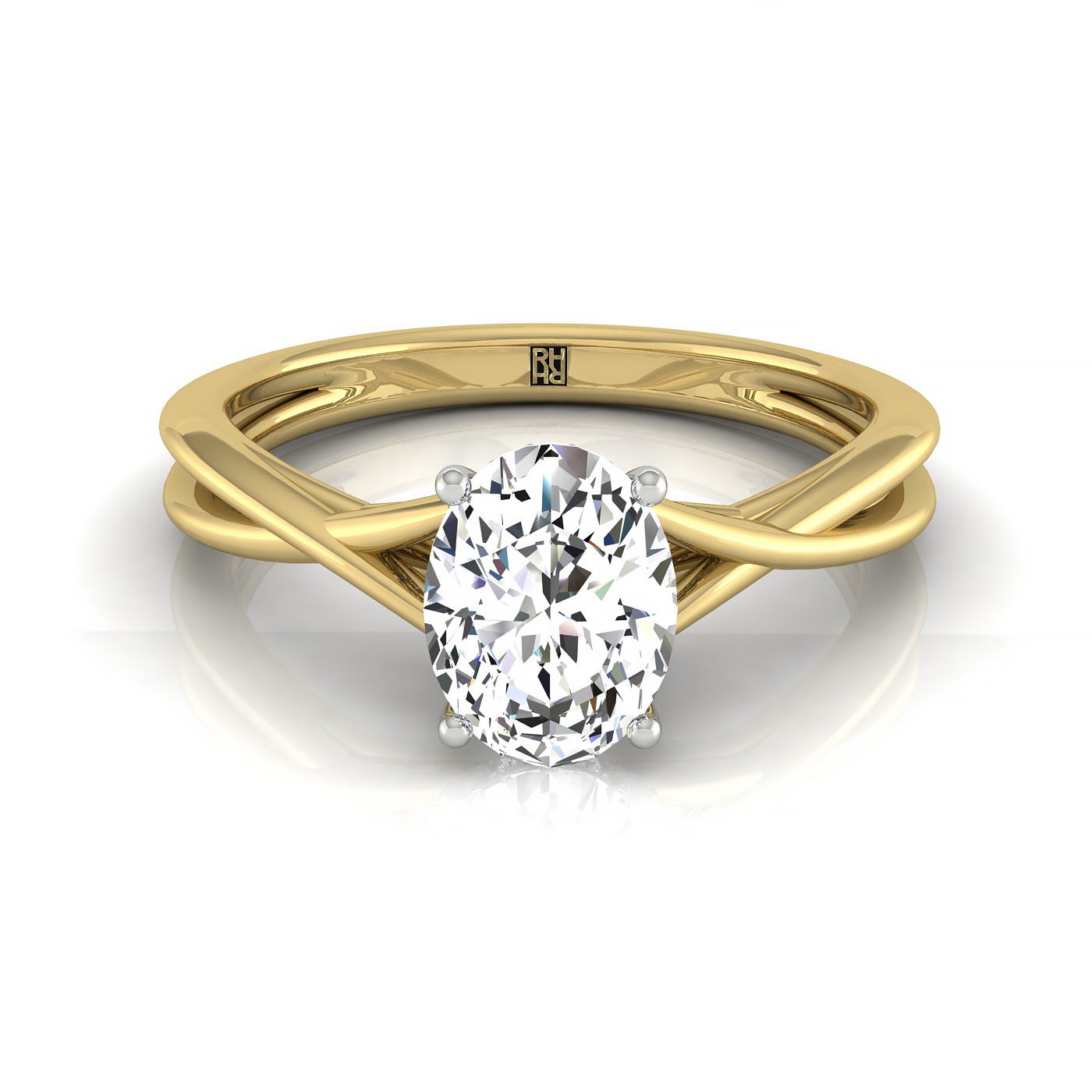 18k Yellow Gold Oval Twisted Shank Double Hidden Halo Solitaire