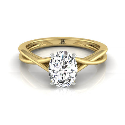 Twisted Shank Double Hidden Halo Solitaire Oval, in 18K Yellow Gold – front view | RockHer