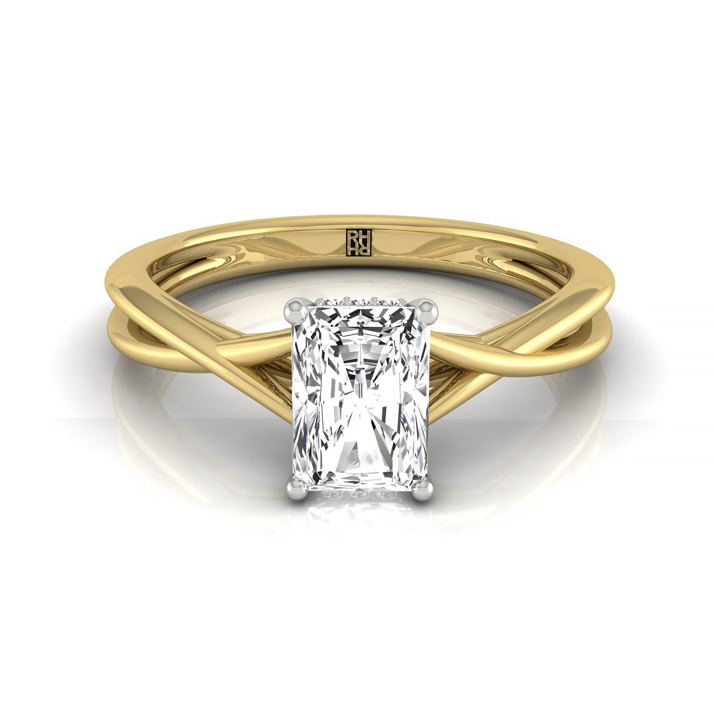18k Yellow Gold Radiant Twisted Shank Double Hidden Halo Solitaire Engagemen Ring
