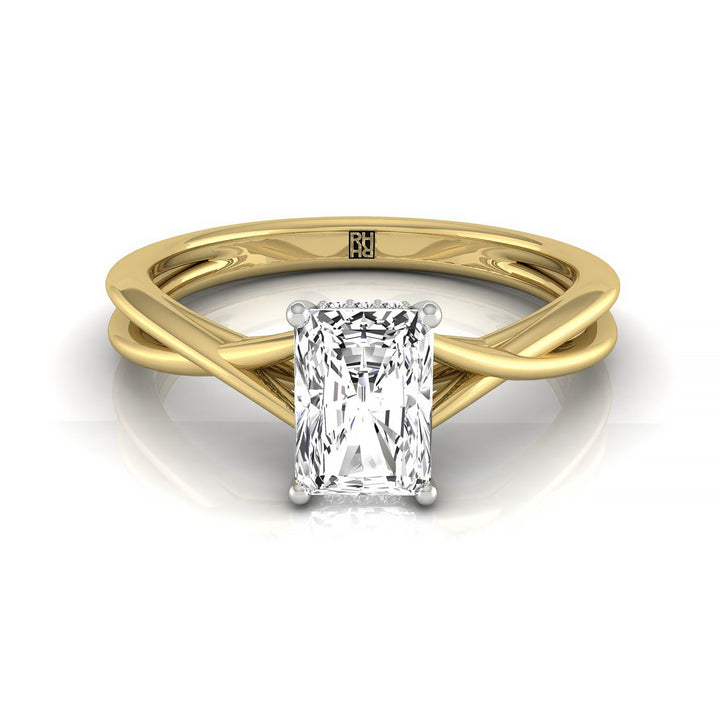 Twisted Shank Double Hidden Halo Solitaire Radiant, in 18K Yellow Gold – front view | RockHer