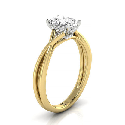 18k Yellow Gold Radiant Twisted Shank Double Hidden Halo Solitaire Engagemen Ring