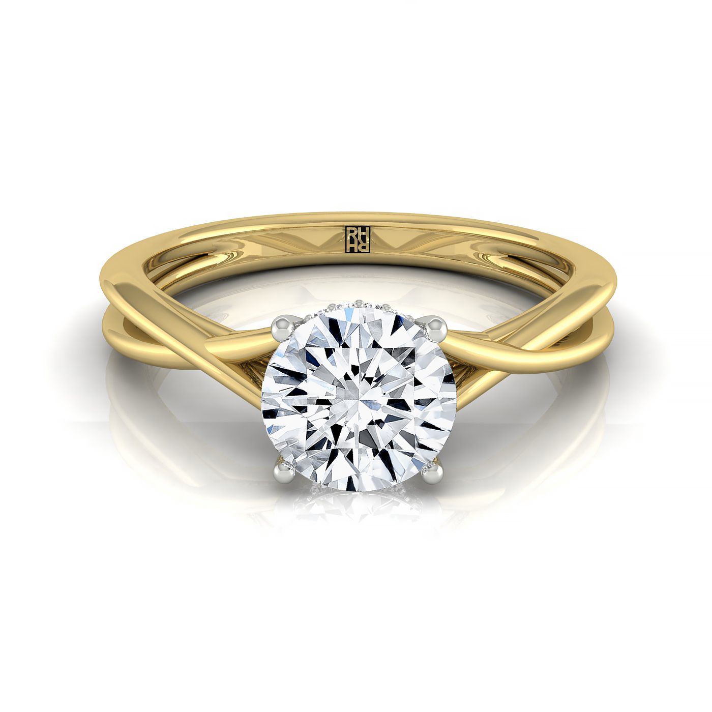 The Blondie round setting in 18K Yellow Gold, a double hidden halo solitaire design from RockHer