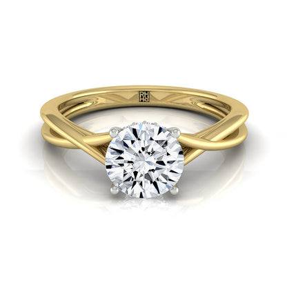 Round Brilliant, Twisted Shank Double Hidden Halo Solitaire Round, in 18K Yellow Gold – front view | RockHer