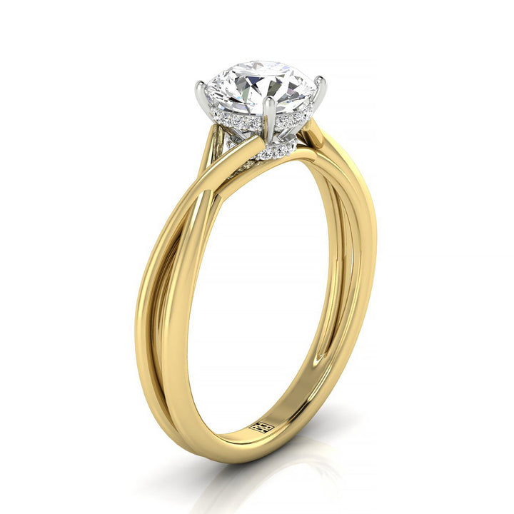 18ky Round Twisted Shank Double Hidden Halo Solitaire Engagement Ring With 28 Prong Set Round Diamonds