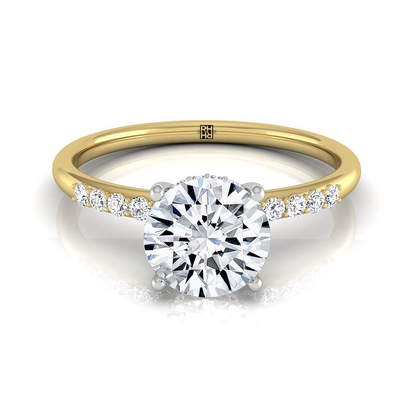 The Abbey hidden halo pavé engagement ring setting, shown in 18K Yellow Gold | RockHer