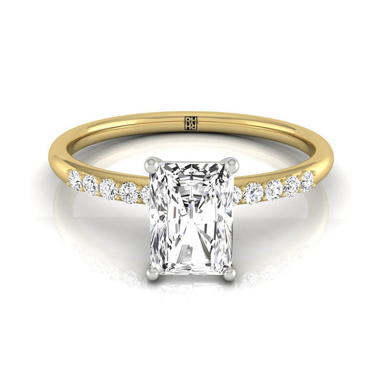 14ky Radiant Hidden Halo Quarter Shank Engagement Ring With 18 Prong Set Round Diamonds