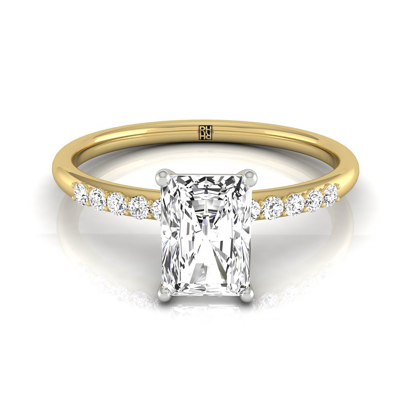 14ky Radiant Hidden Halo Quarter Shank Engagement Ring With 18 Prong Set Round Diamonds