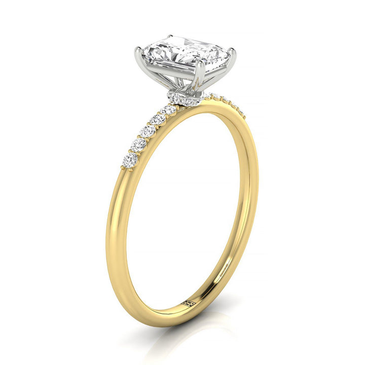 14ky Radiant Hidden Halo Quarter Shank Engagement Ring With 18 Prong Set Round Diamonds