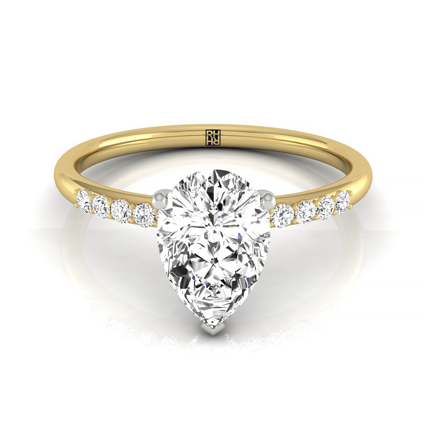 18ky Pear Hidden Halo Quarter Shank Engagement Ring With 18 Prong Set Round Diamonds
