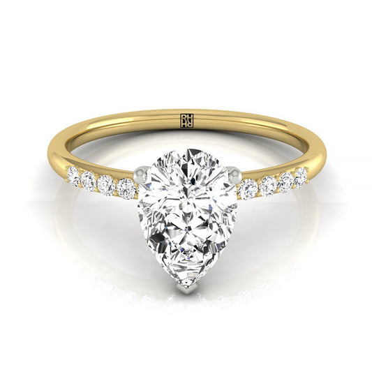 18ky Pear Hidden Halo Quarter Shank Engagement Ring With 18 Prong Set Round Diamonds