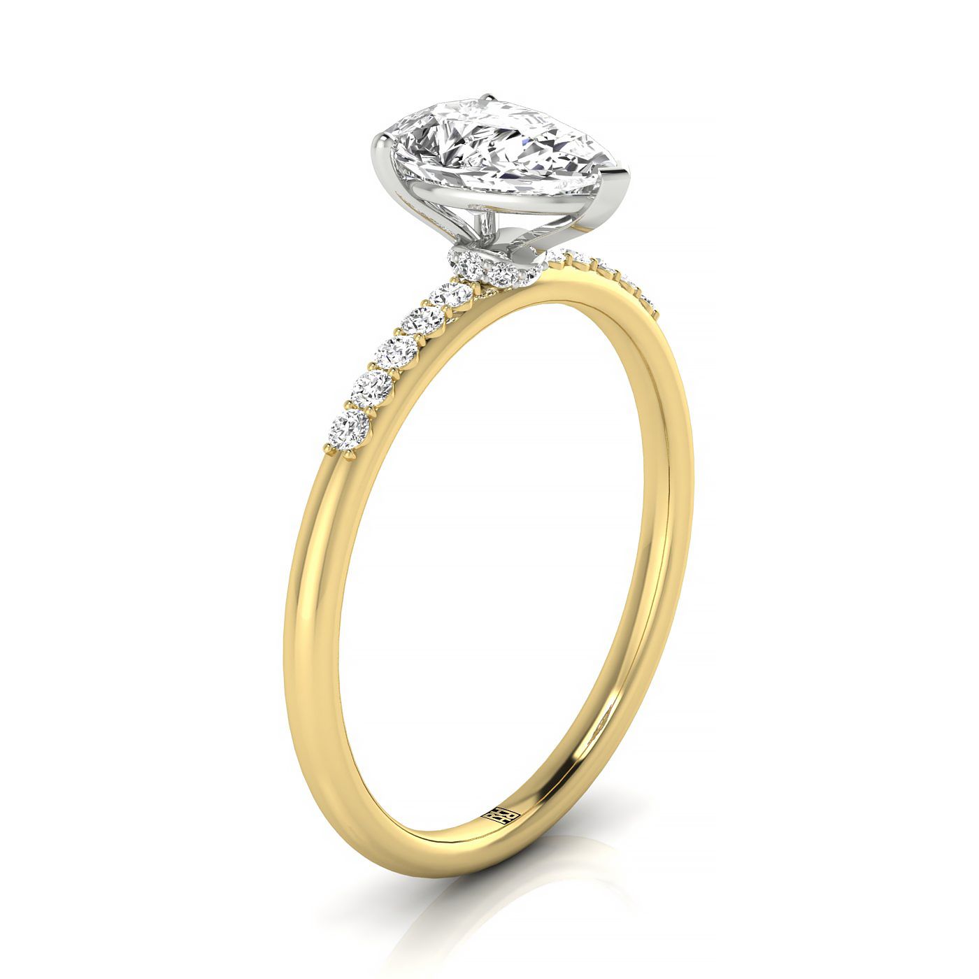 18ky Pear Hidden Halo Quarter Shank Engagement Ring With 18 Prong Set Round Diamonds
