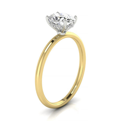 18ky Oval Solitaire Engagement Ring With Upper Hidden Halo With 16 Prong Set Round Diamonds