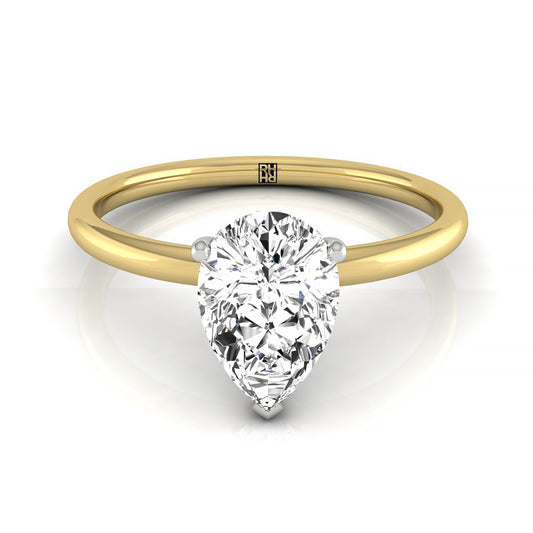 18ky Pear Solitaire Engagement Ring With Upper Hidden Halo With 16 Prong Set Round Diamonds