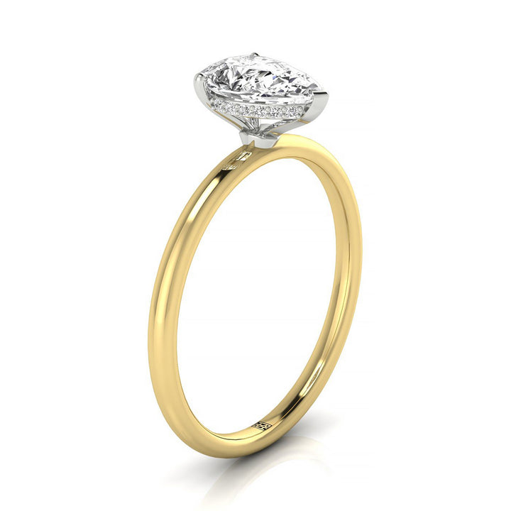 14ky Pear Solitaire Engagement Ring With Upper Hidden Halo With 16 Prong Set Round Diamonds