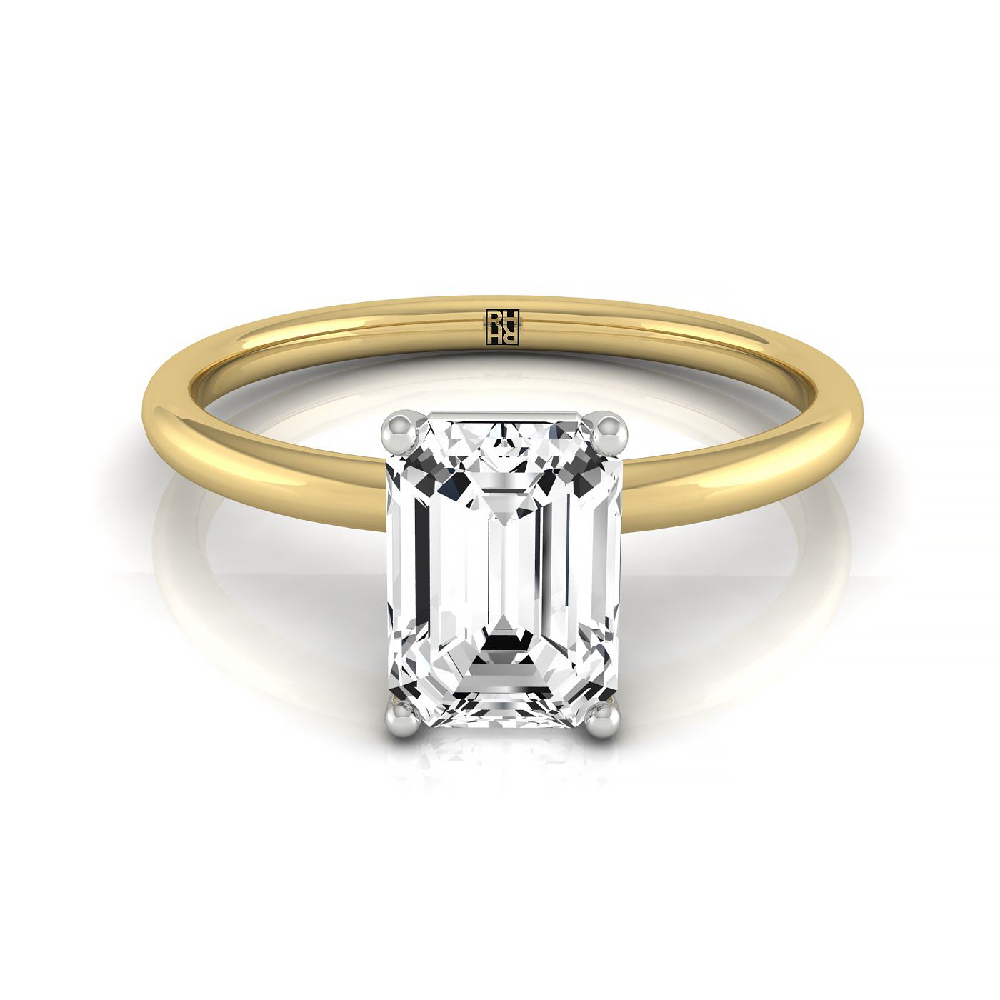 14ky Emerald Solitaire Engagement Ring With Lower Hidden Halo Curved With 8 Prong Set Round Diamonds